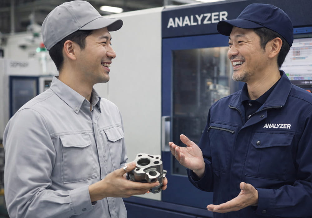 ANALYZERの前で談笑するプロスペシャリストとクライアント担当者